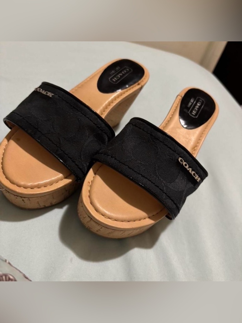 Coach Black Fabric Cork Wedge Slide Sandals